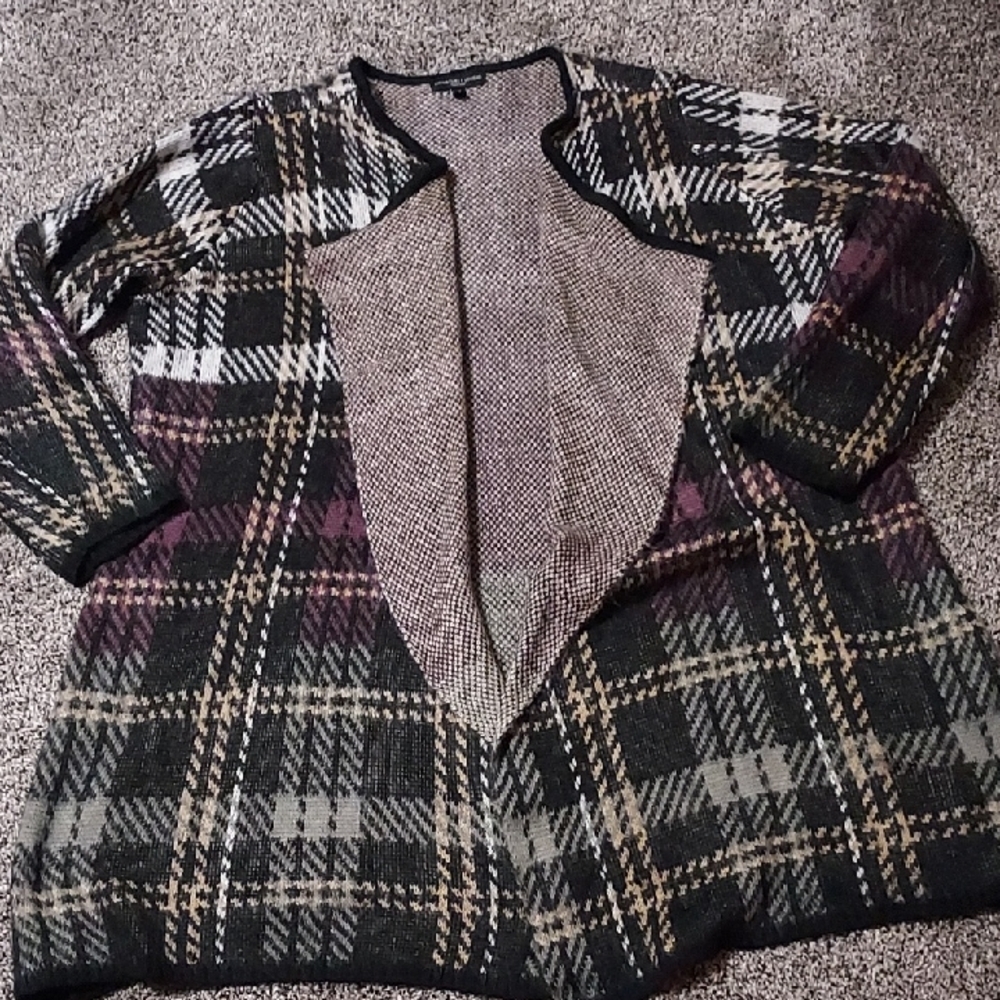Signature Studio Plaid Cardigan in Black, Gray, and Purple